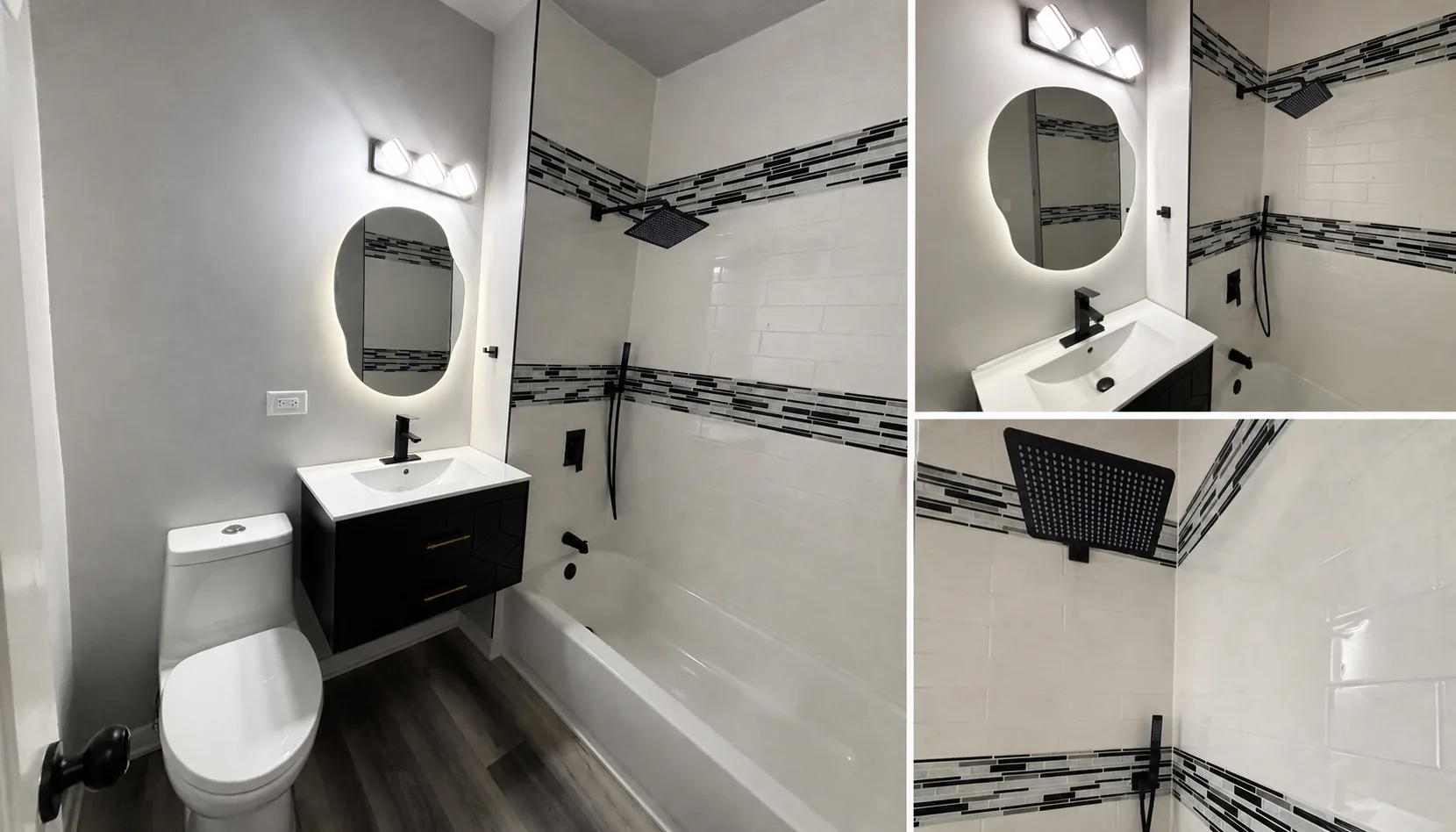 Finished black-and-white bathroom with new tile, vanity, fixtures, and lighting